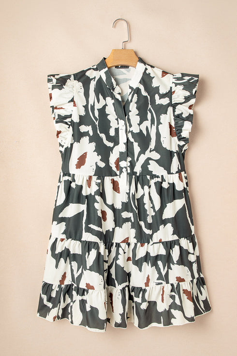 Bohemian Floral Print Flutter Sleeve Button Detail Ruffled Hem Mini Dress